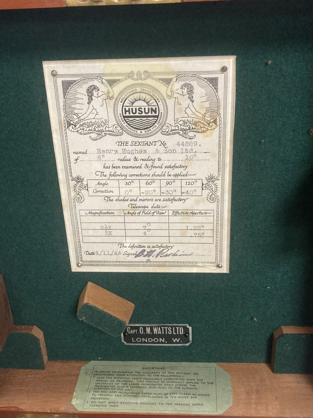 A cased Husun sextant by Henry Hughes & Son Ltd, no 44889, test certificate dated Nov. 44